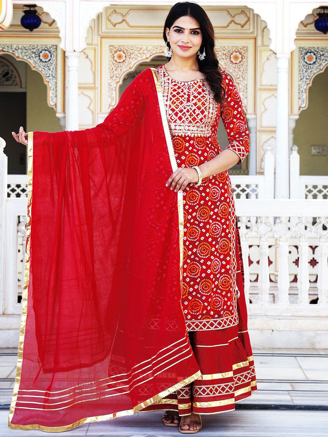 ELVISH JAIPUR Women Embroidered Regular Sequinned Pure Cotton Kurta with Skirt & With Dupatta