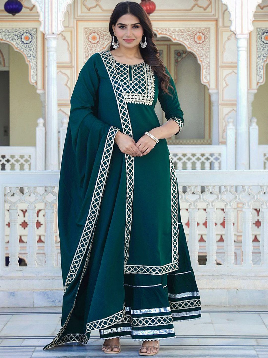 ELVISH JAIPUR Women Embroidered Regular Sequinned Kurta with Skirt & With Dupatta
