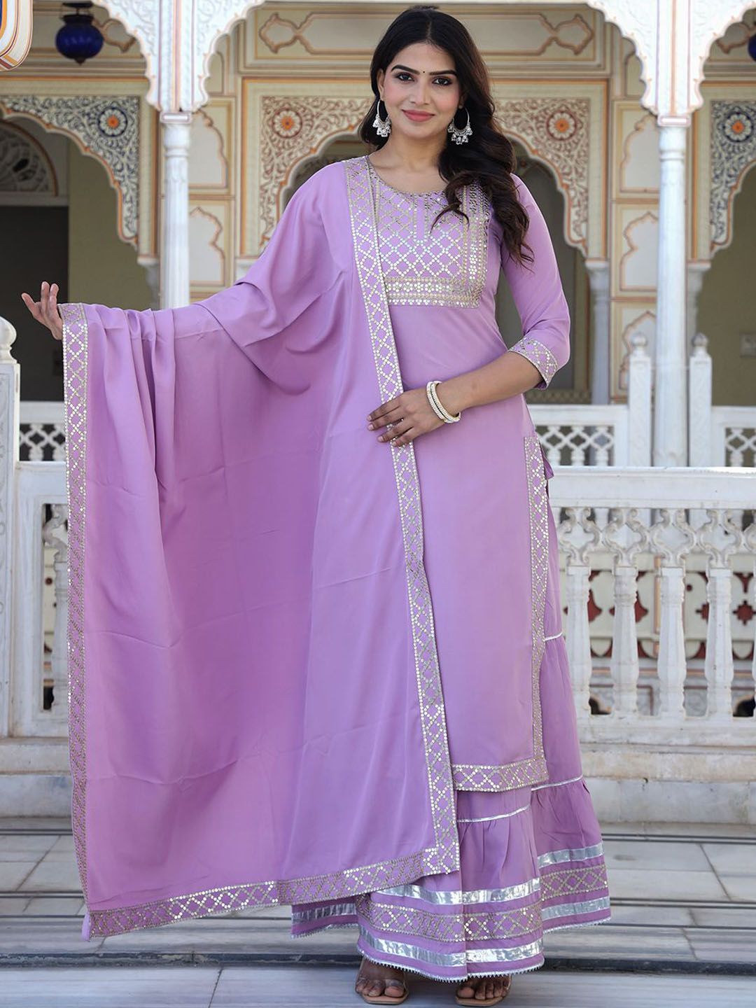 ELVISH JAIPUR Women Embroidered Regular Sequinned Kurta with Skirt & With Dupatta