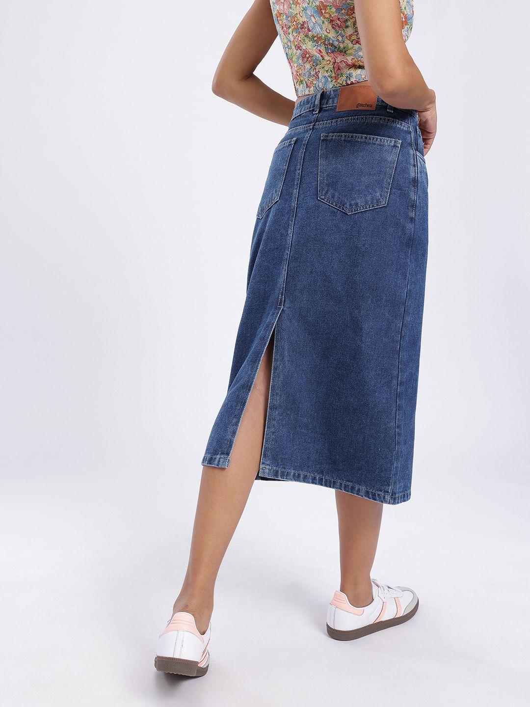 Buy glitchez Back Slit Denim Midi Straight Skirt - Skirts for