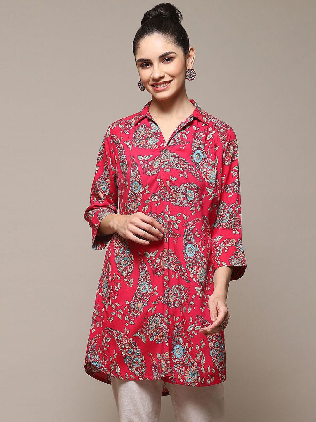 Biba Biba Floral Printed Shirt Collar Flared Sleeves Kurtis