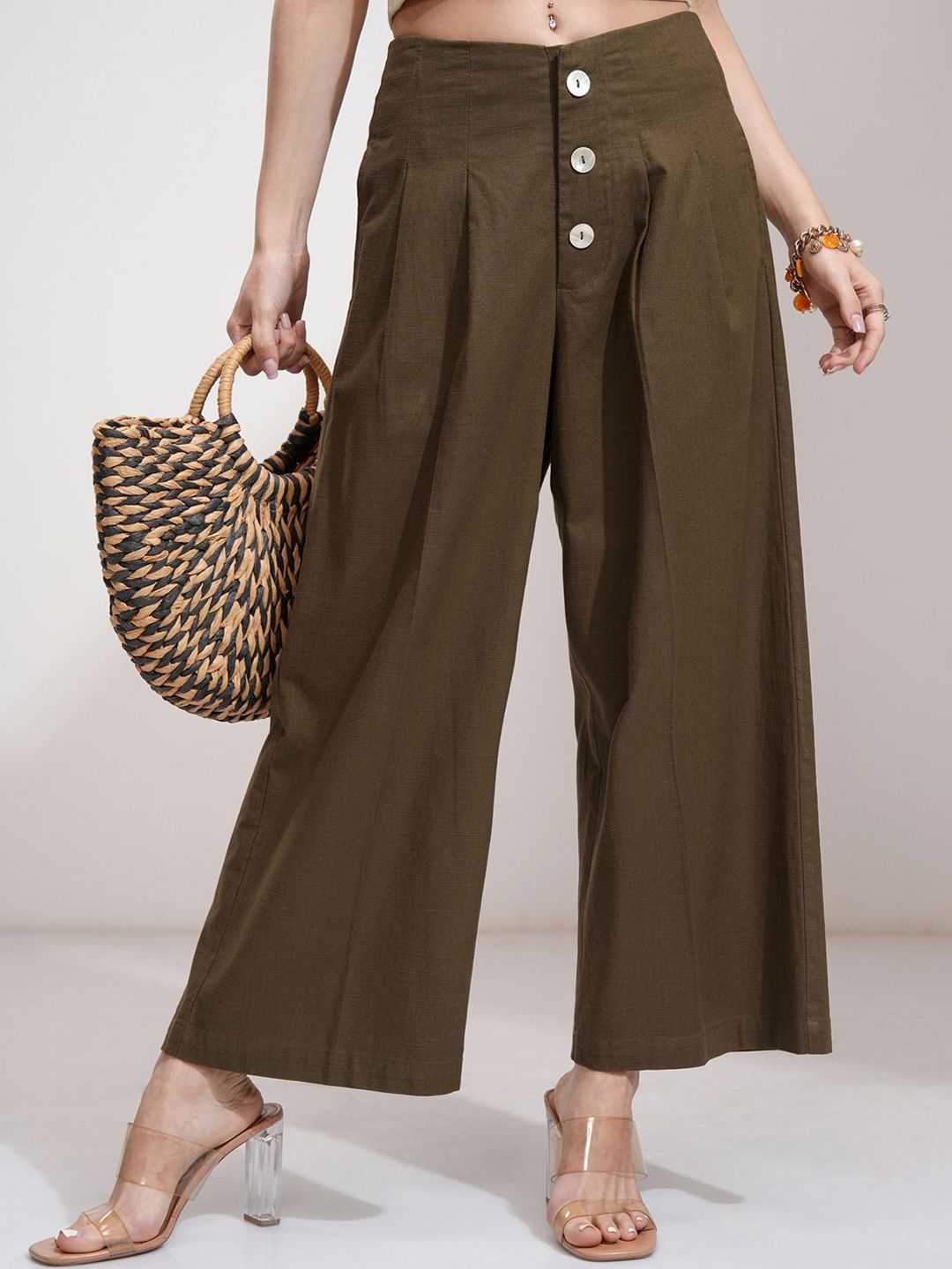 Buy Tokyo Talkies Women Solid Linen Pleated Wideleg Trouser