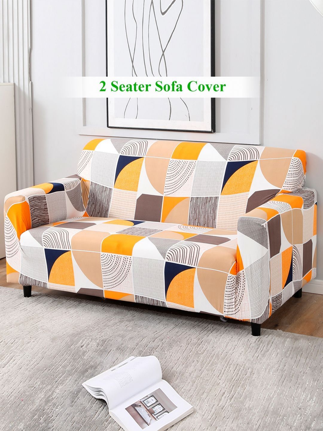 HOKIPO Orange Geometric Polyester Stretch Fit Straight 3 Seater Sofa Cover-