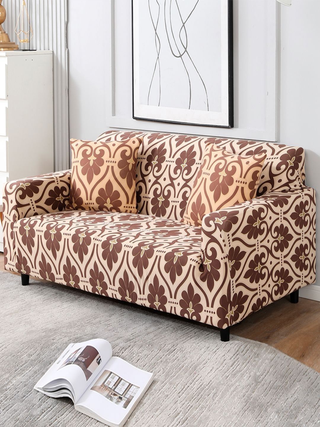 HOKIPO Beige Ethnic Motifs Polyester Stretch Fit Straight 3 Seater Sofa Cover-20x35x73In