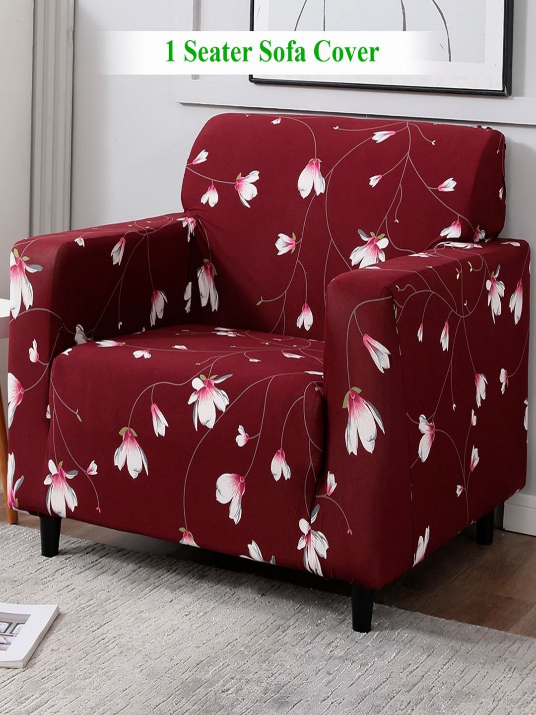 HOKIPO Maroon Floral Polyester Stretch Fit Straight Single Seater Sofa Cover-