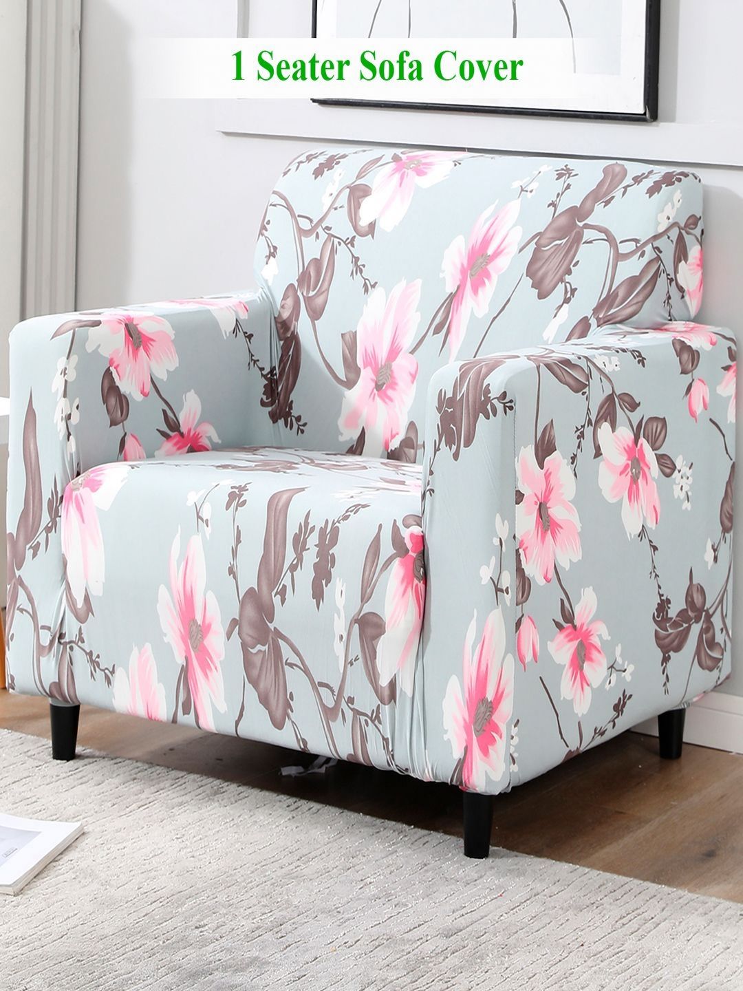 HOKIPO Grey Floral Polyester Stretch Fit Straight Single Seater Sofa Cover