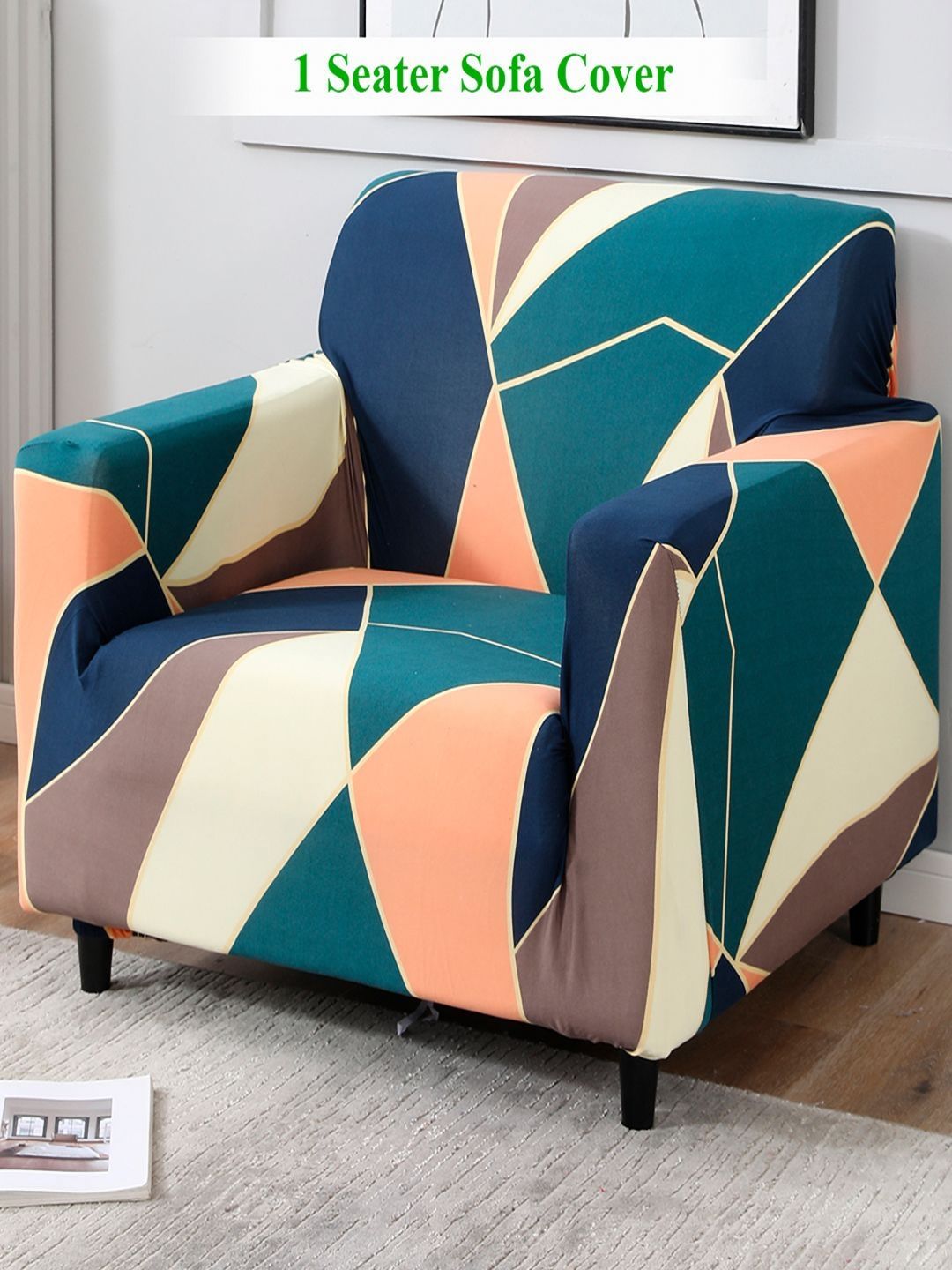 HOKIPO Green Geometric Polyester Stretch Fit Straight Single Seater Sofa Cover-