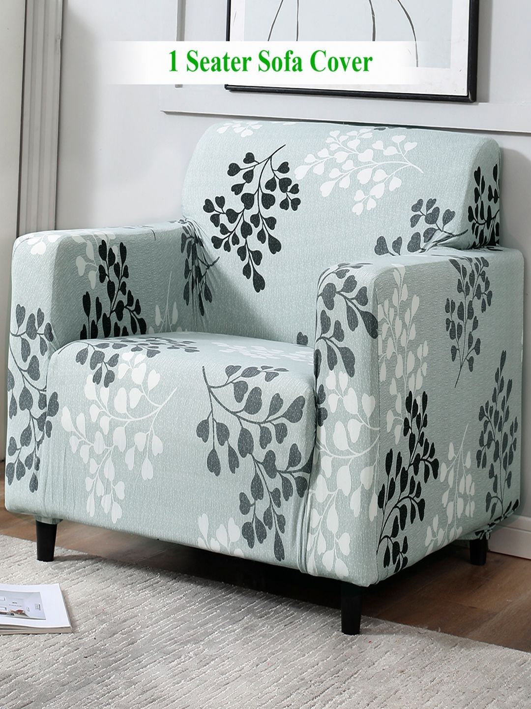 HOKIPO Stretchable Grey Leaf Polyester Stretch Fit Straight Single Seater Sofa Cover-