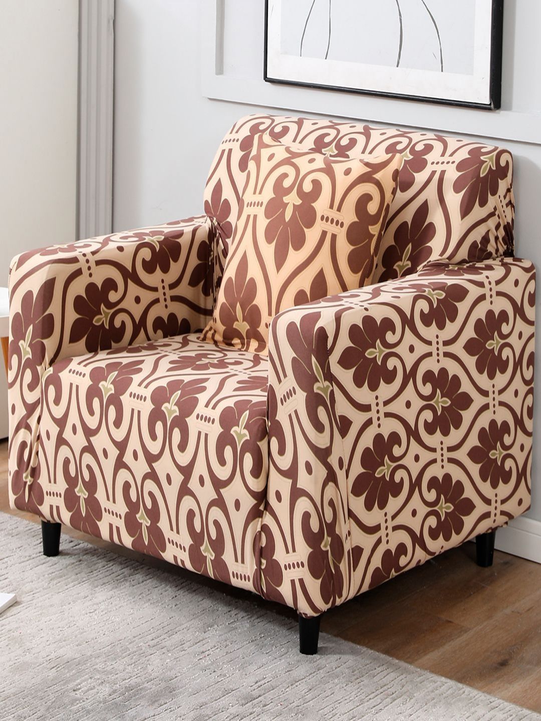 HOKIPO Stretchable Beige Ethnic Motifs Polyester Stretch Fit Straight 6 Seater Sofa Cover-