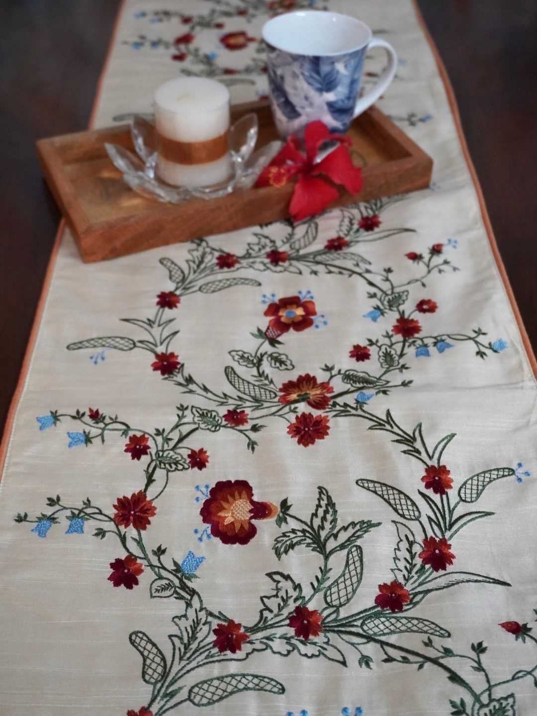 TARA- Sparkling Homes White Floral Embroidered Reversible Dining Table Runner