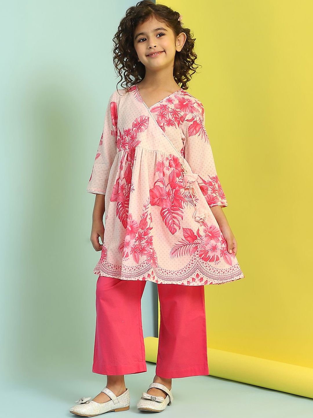 Biba Girls Floral Printed V-Neck Pure Cotton Anarkali Kurta With Trousers