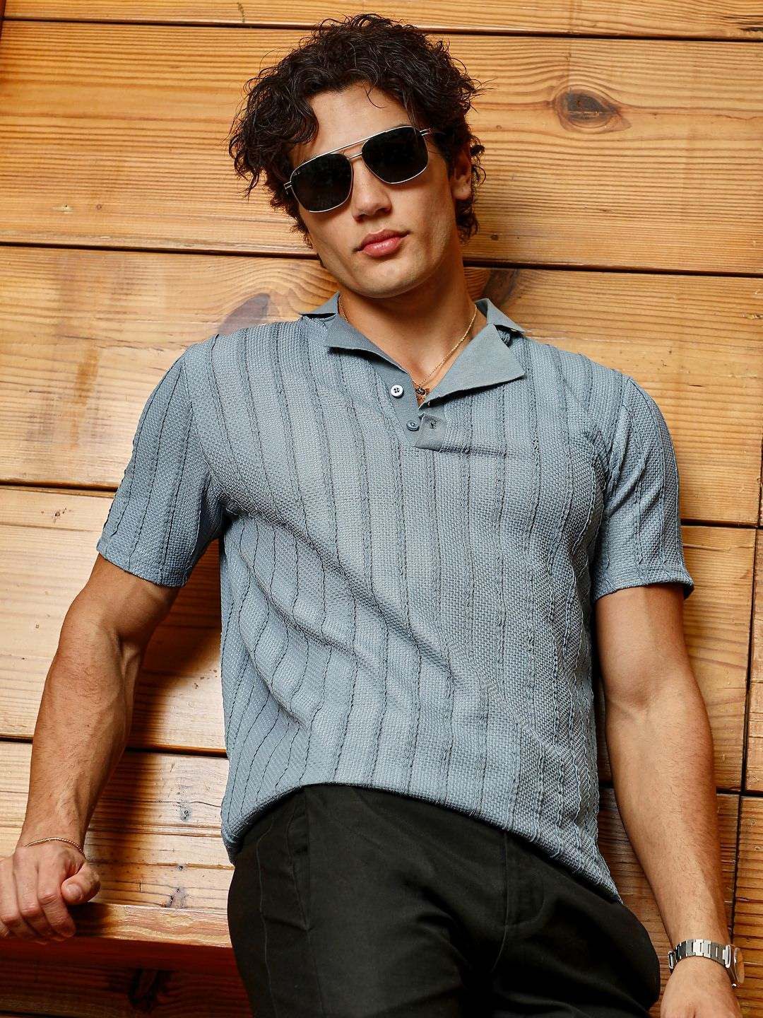CAHOOT Men Self Design Polo Collar Cotton T-shirt