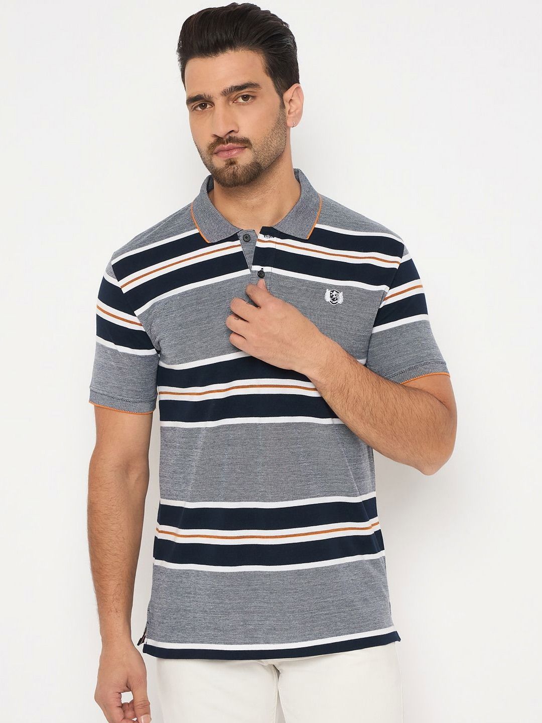 Duke Men Striped Polo Collar Cotton Slim Fit T-shirt