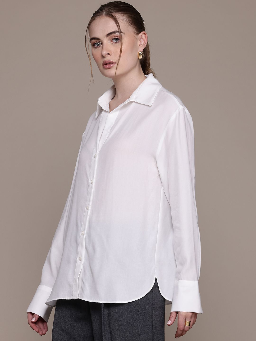 Drop-Shoulder Sleeves Opaque Casual Shirt