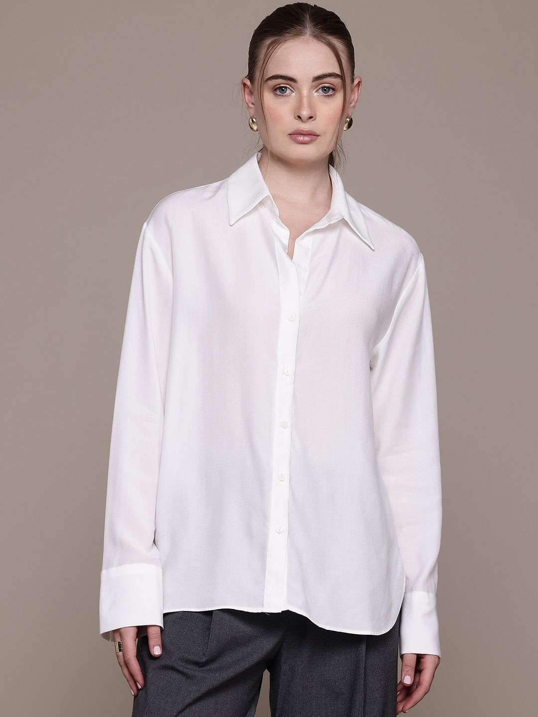 Drop-Shoulder Sleeves Opaque Casual Shirt