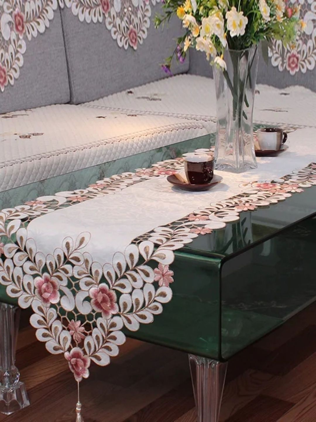 MONKDECOR Beige & Pink Laser Cut Floral Embroidered Table Runner