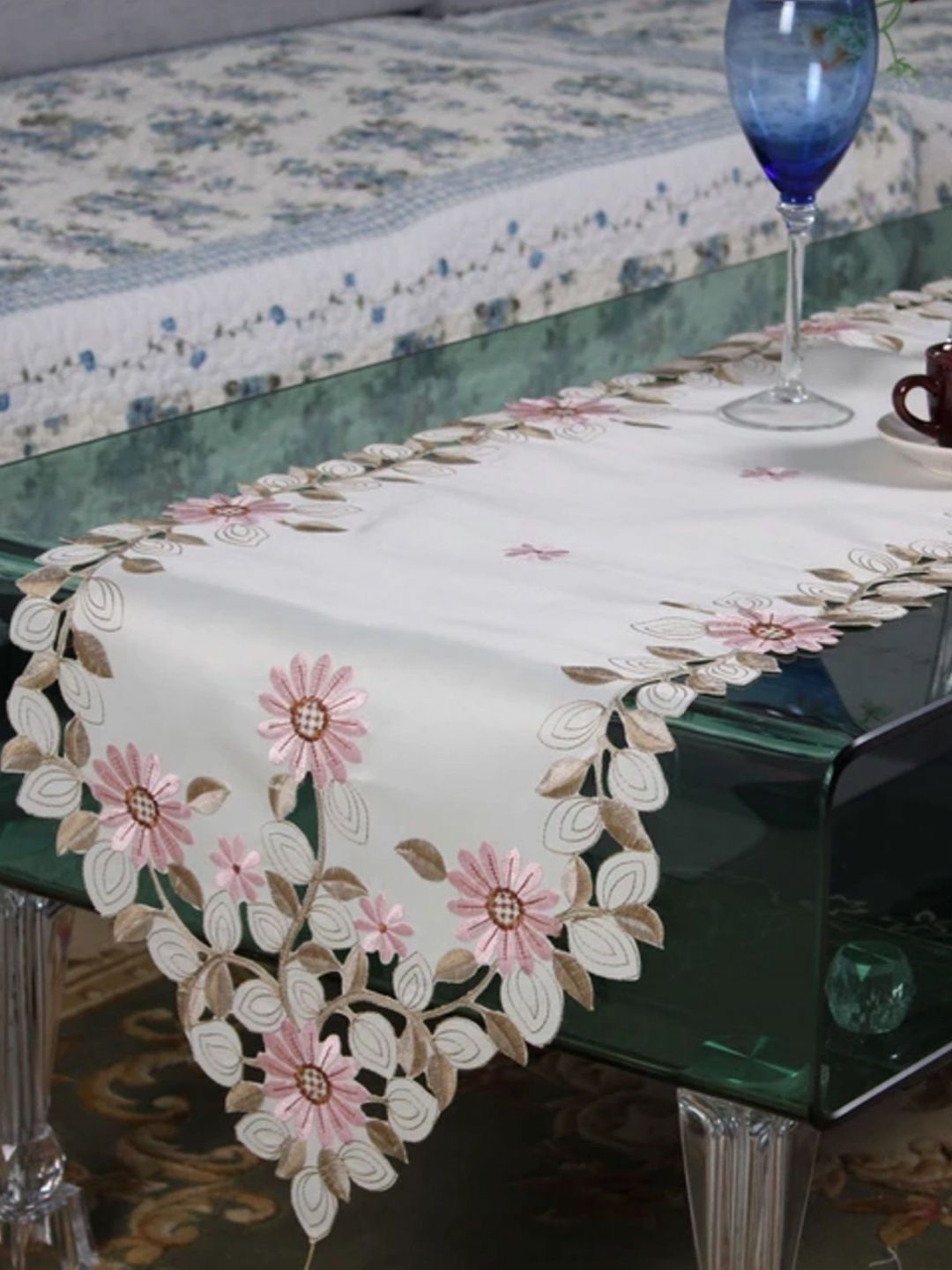 MONKDECOR Beige & Pink Laser Cut Floral Embroidered Table Runner