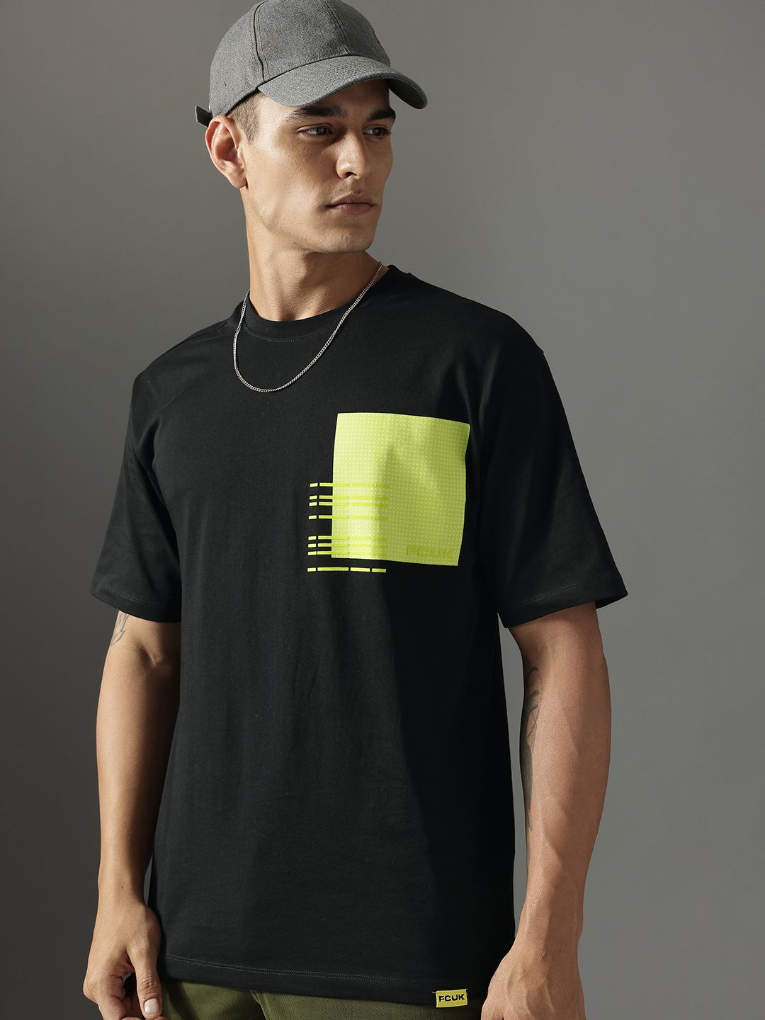 FCUK Printed Drop-Shoulder Sleeves Pure Cotton Relaxed Fit T-shirt