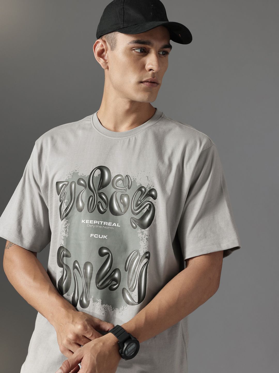 FCUK Graphic Printed Drop-Shoulder Sleeves Pure Cotton Relaxed Fit T-shirt