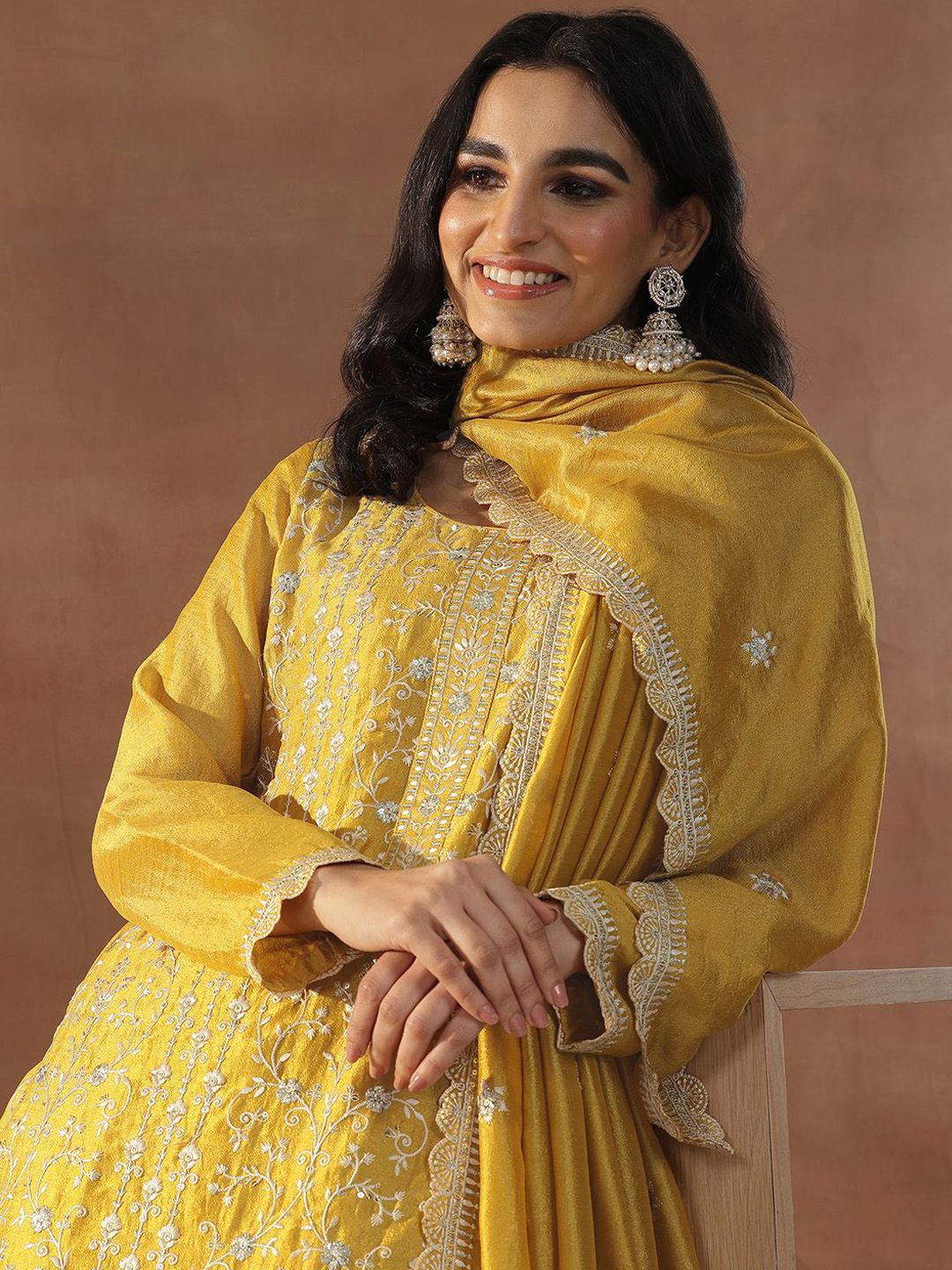 Libas Mustard Yellow Floral Embroidered Sequinned Straight Kurta With Trousers & Dupatta deal from myntra Libas Mustard Yellow Floral Embroidered Sequinned Straight Kurta With Trousers & Dupatta deal from myntra