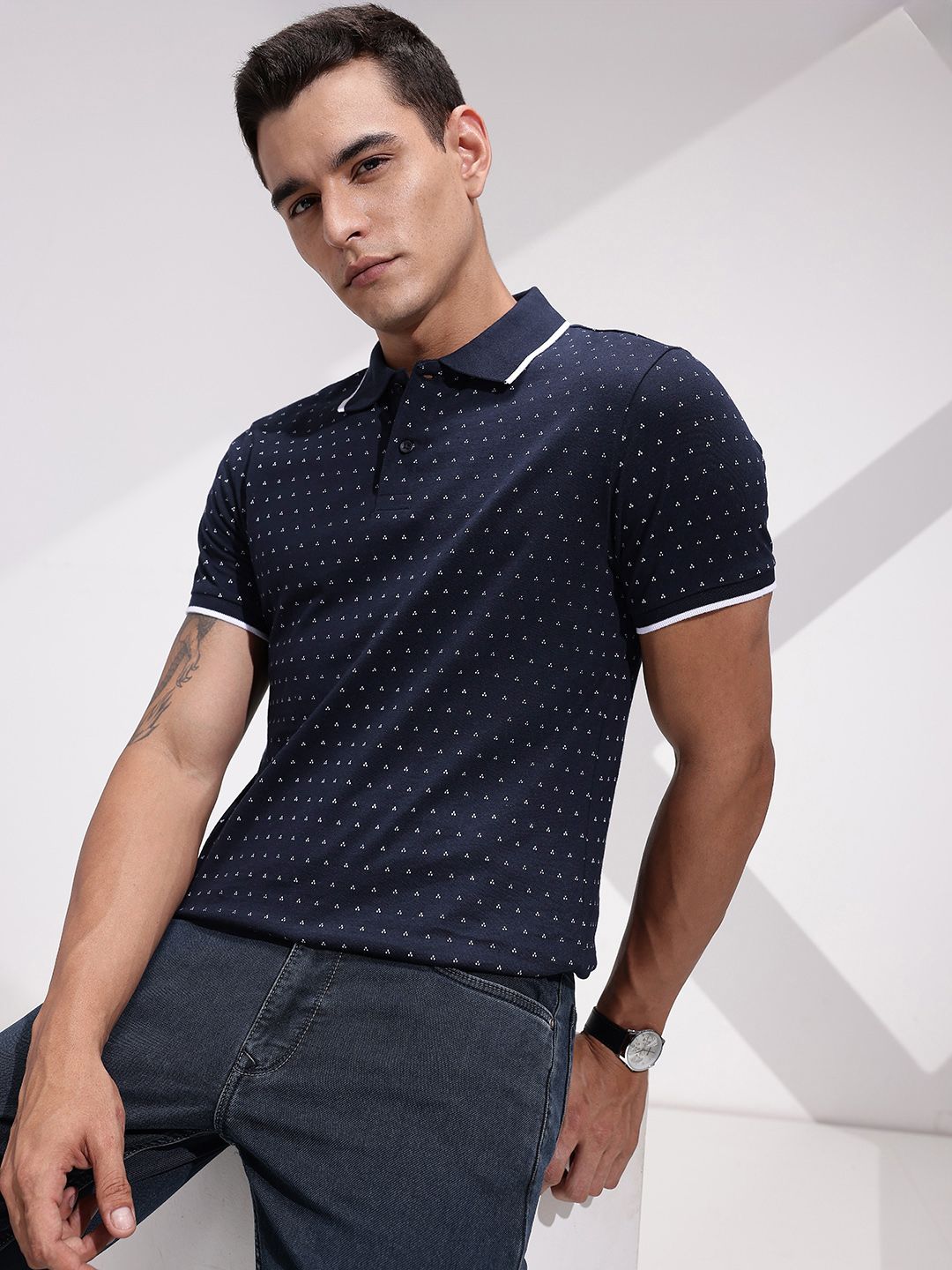 INVICTUS Geometric Printed Polo Collar Pure Cotton T-shirt