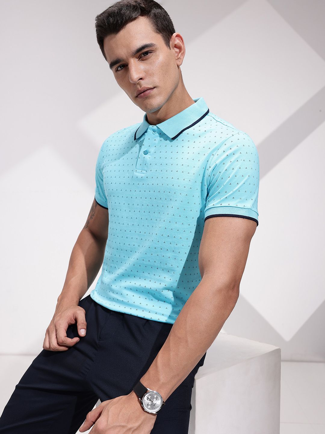 INVICTUS Geometric Printed Polo Collar Pure Cotton T-shirt