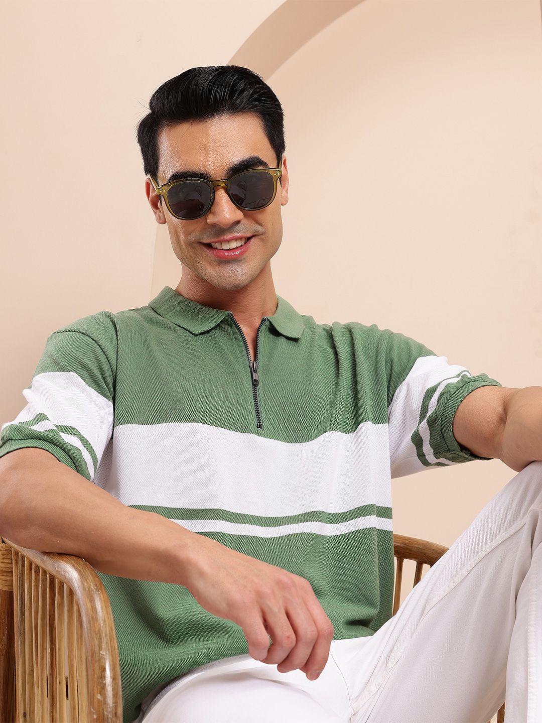 Mast & Harbour Stripe Colourblocked Polo Collar T-shirt