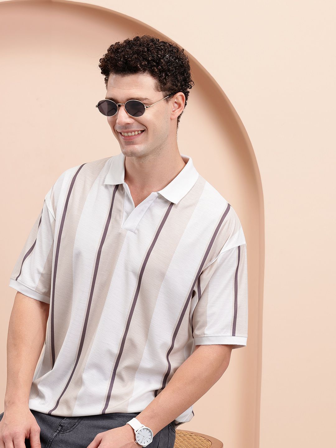 Mast & Harbour Men Striped Polo Collar Relaxed Fit T-shirt