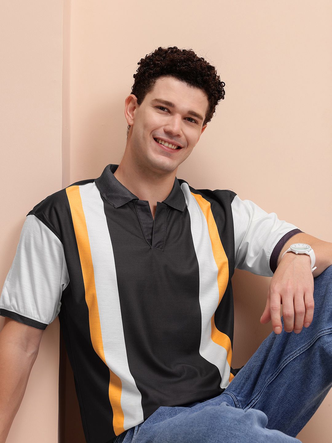 Mast & Harbour Men Striped Polo Collar Relaxed Fit T-shirt