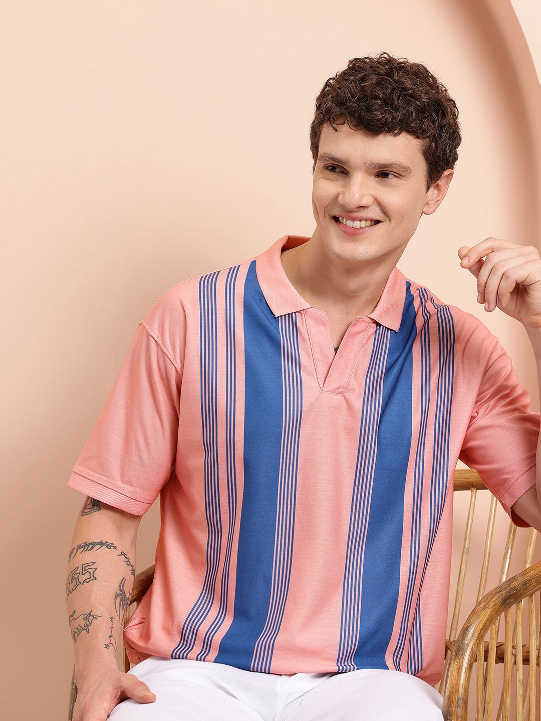 Mast & Harbour Striped Polo Collar Relaxed Fit T-shirt