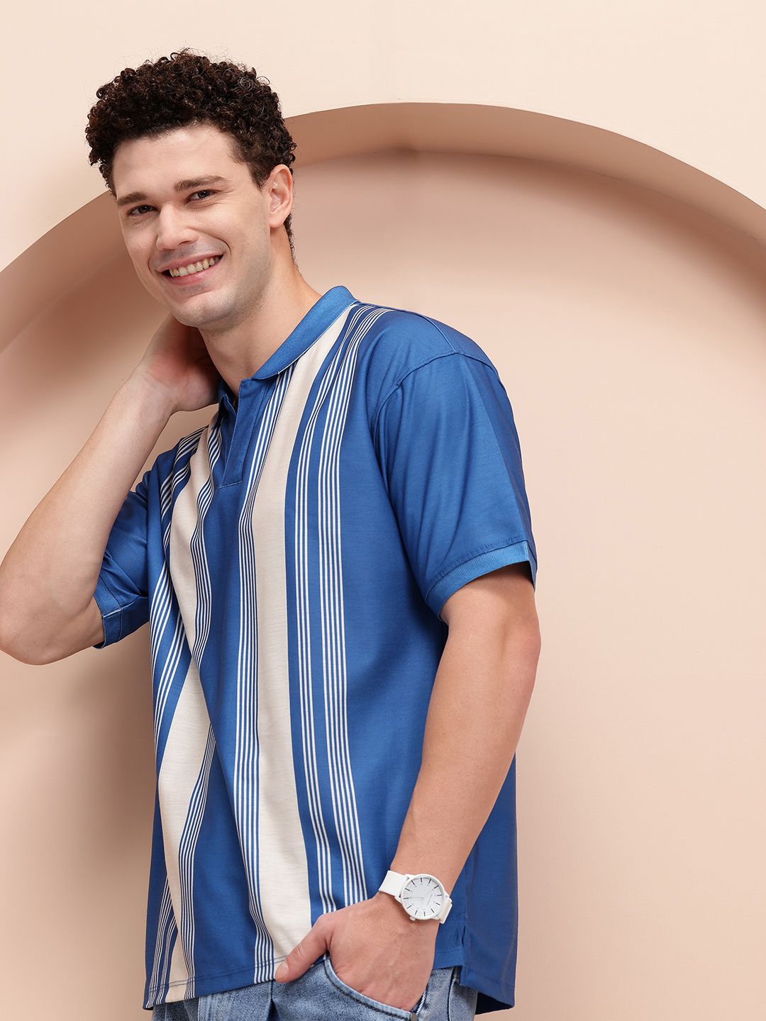 Mast & Harbour Men Striped Polo Collar Relaxed Fit T-shirt