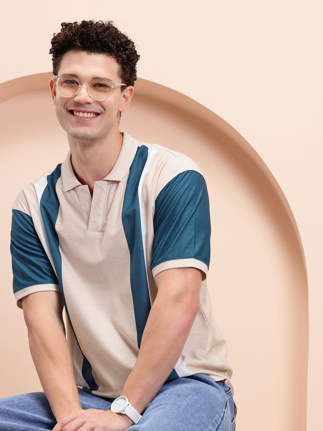 Mast & Harbour Men Striped Polo Collar Relaxed Fit T-shirt