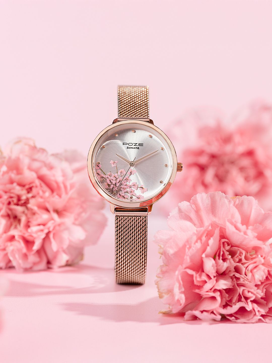 Sonata Women Poze Flower Dial & Bracelet Style Straps Analogue Quartz Watch SP80105WM01