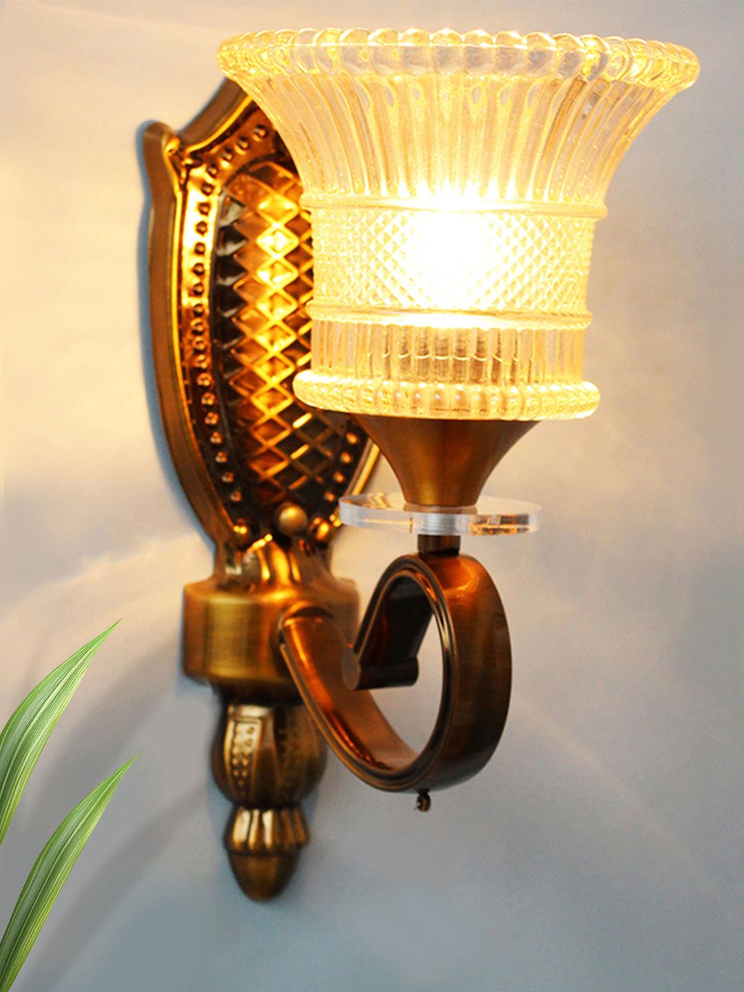 SHREE KALA HOME DECOR Brown & Transparent Textured Metal Frustum Shaped Wall Lamp