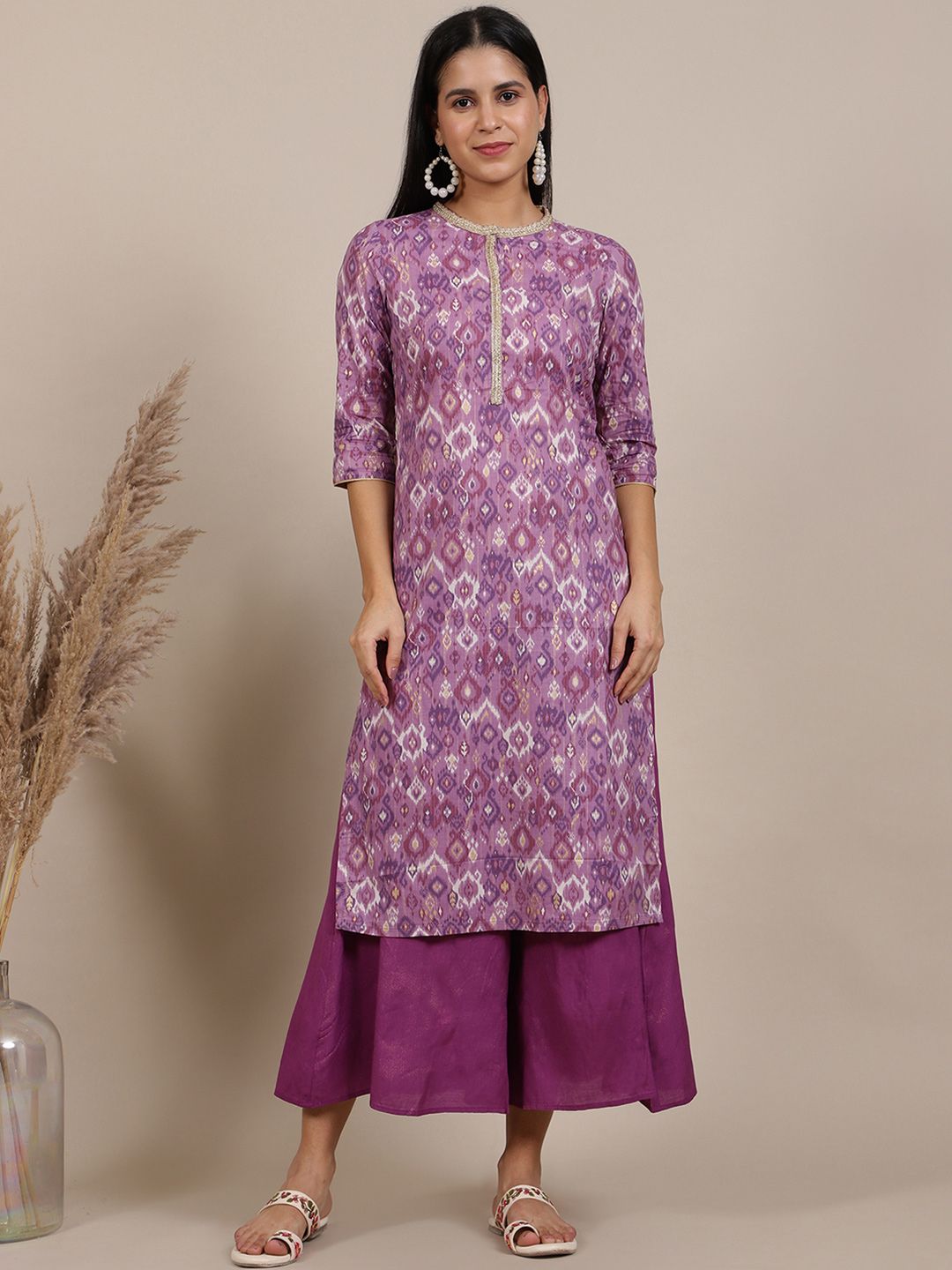 AURELIA AURELIA Ethnic Motifs Printed Round Neck Pure Cotton Kurta with Palazzos