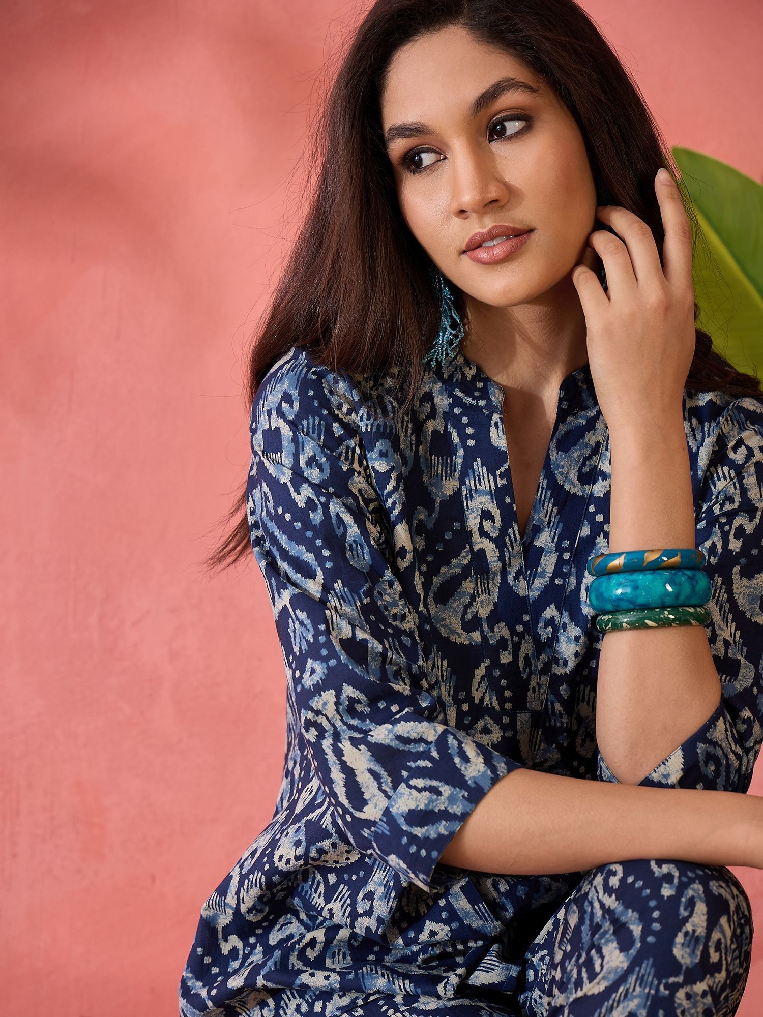 Sangria Ikkat Printed Pure Cotton Tunic & Trouser Co-Ord Set