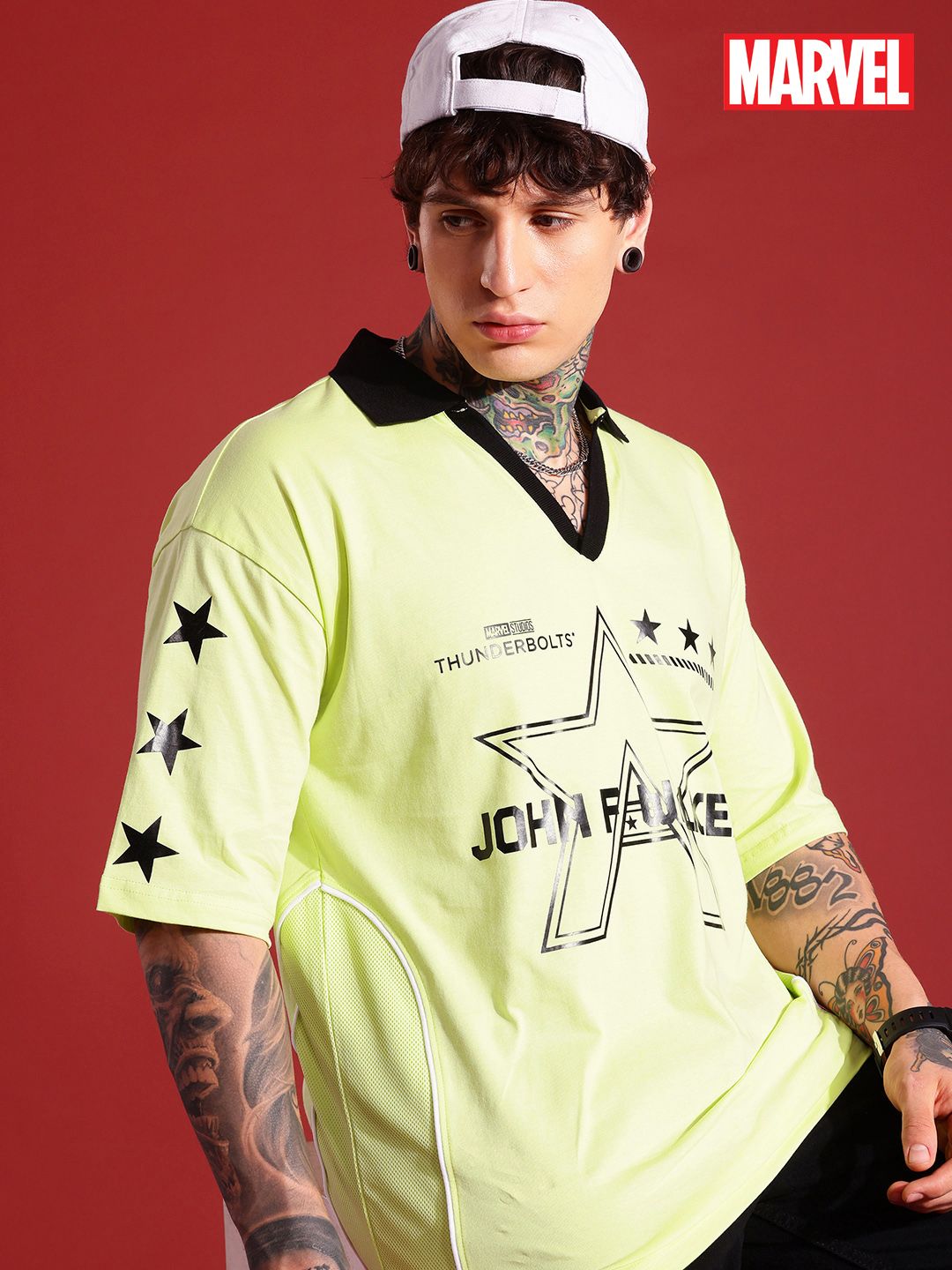 MARVEL STREET Typography Printed Pure Cotton Oversized Polo Collar T-shirt