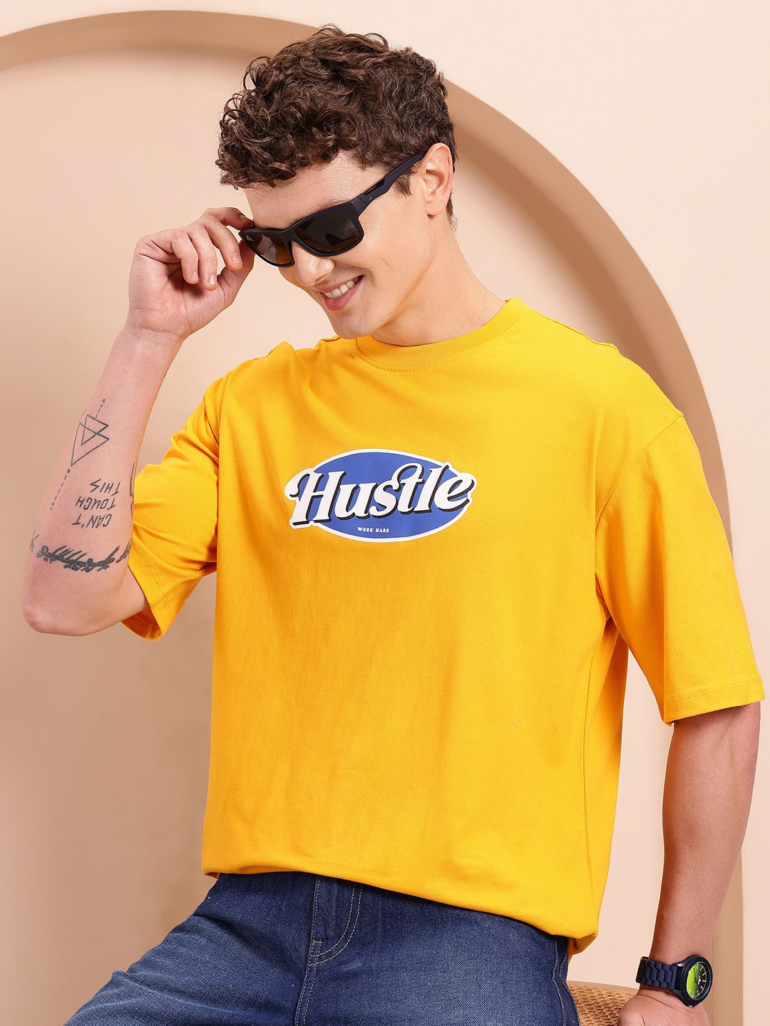 Mast & Harbour Printed Drop-Shoulder Sleeves Pure Cotton T-shirt