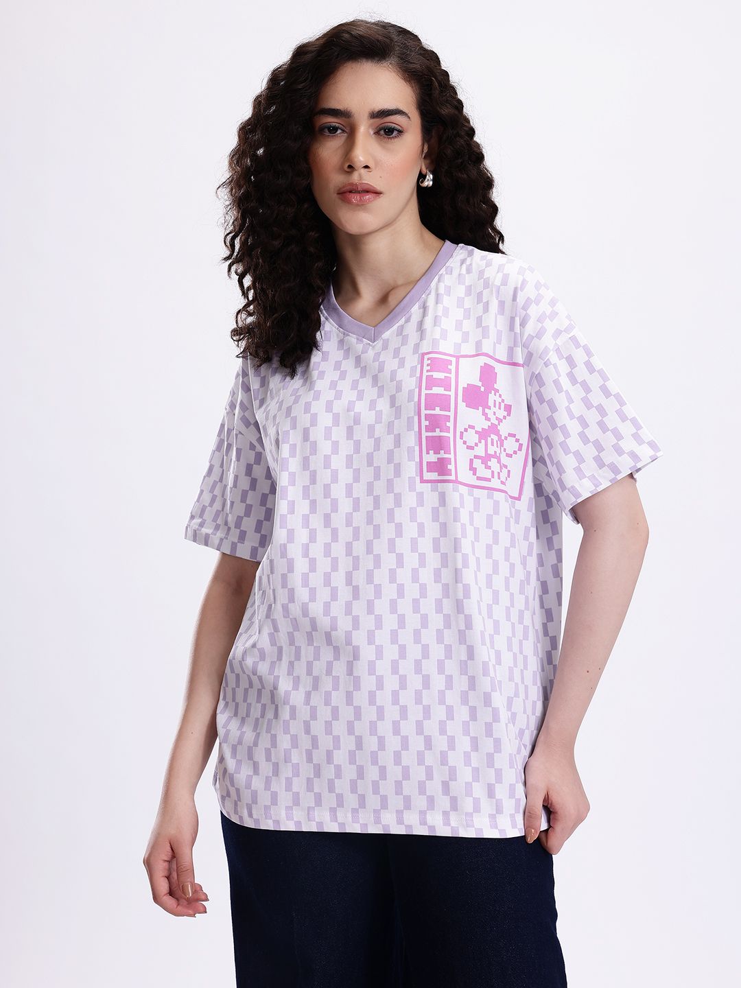 Buy Kook N Keech Checked Mickey Mouse V-Neck Drop-Shoulder Sleeves