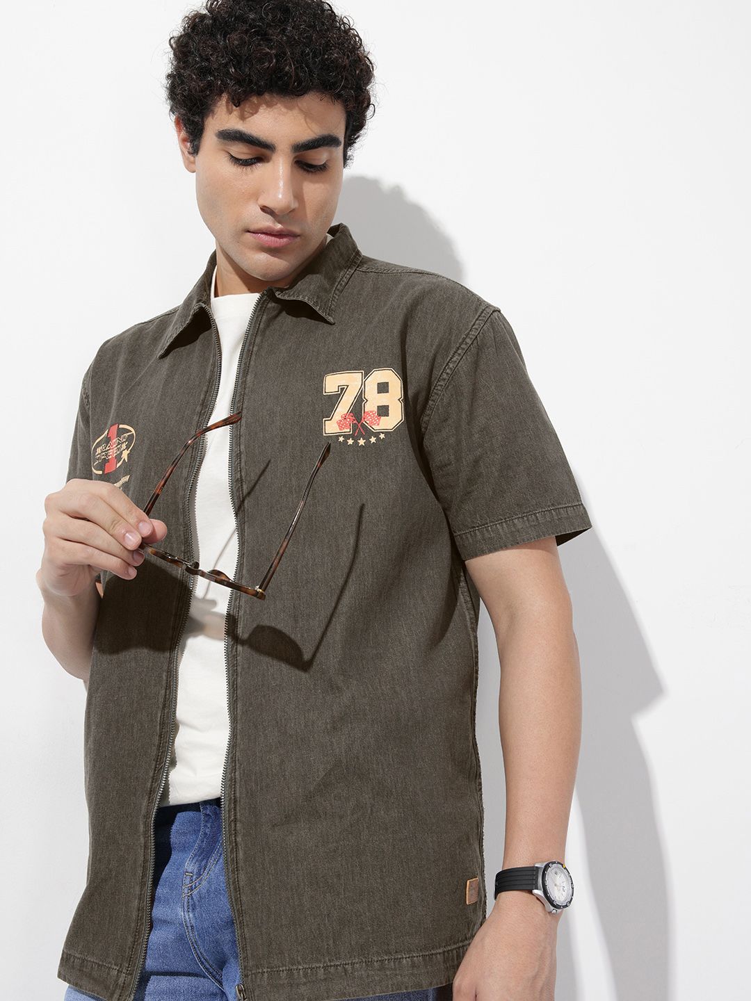 The Roadster Life Co. Relaxed Fit Typography Printed  Denim Casual Shirt