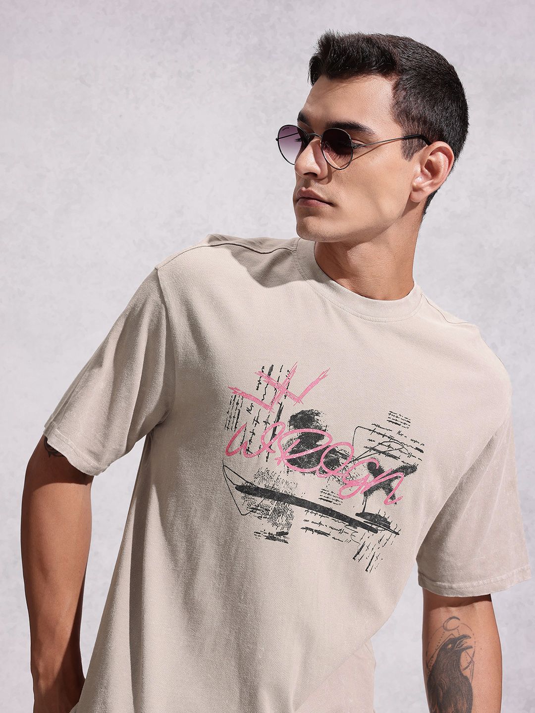 WROGN Brand Logo & Graphic Printed Pure Cotton Oversized T-shirt
