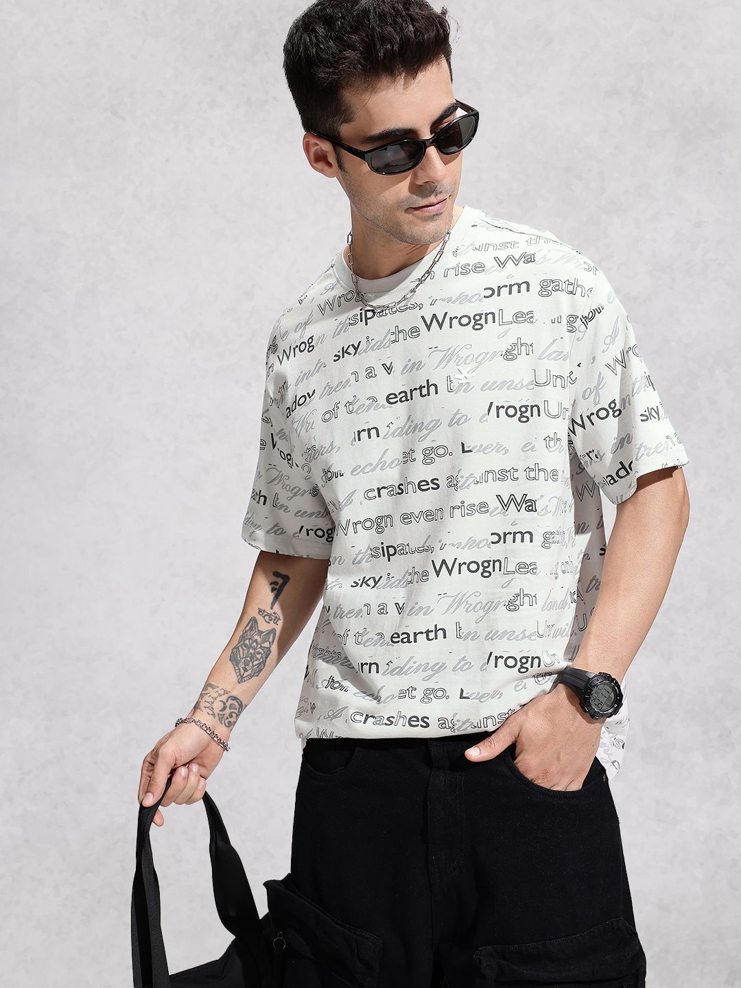 WROGN Pure Cotton Typography Printed Oversized T-shirt