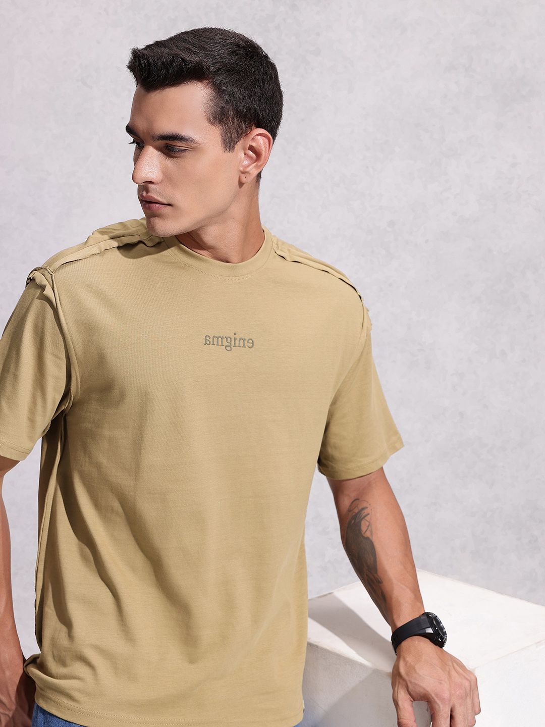 WROGN Pure Cotton Typography Printed Raw Edge Oversized T-shirt