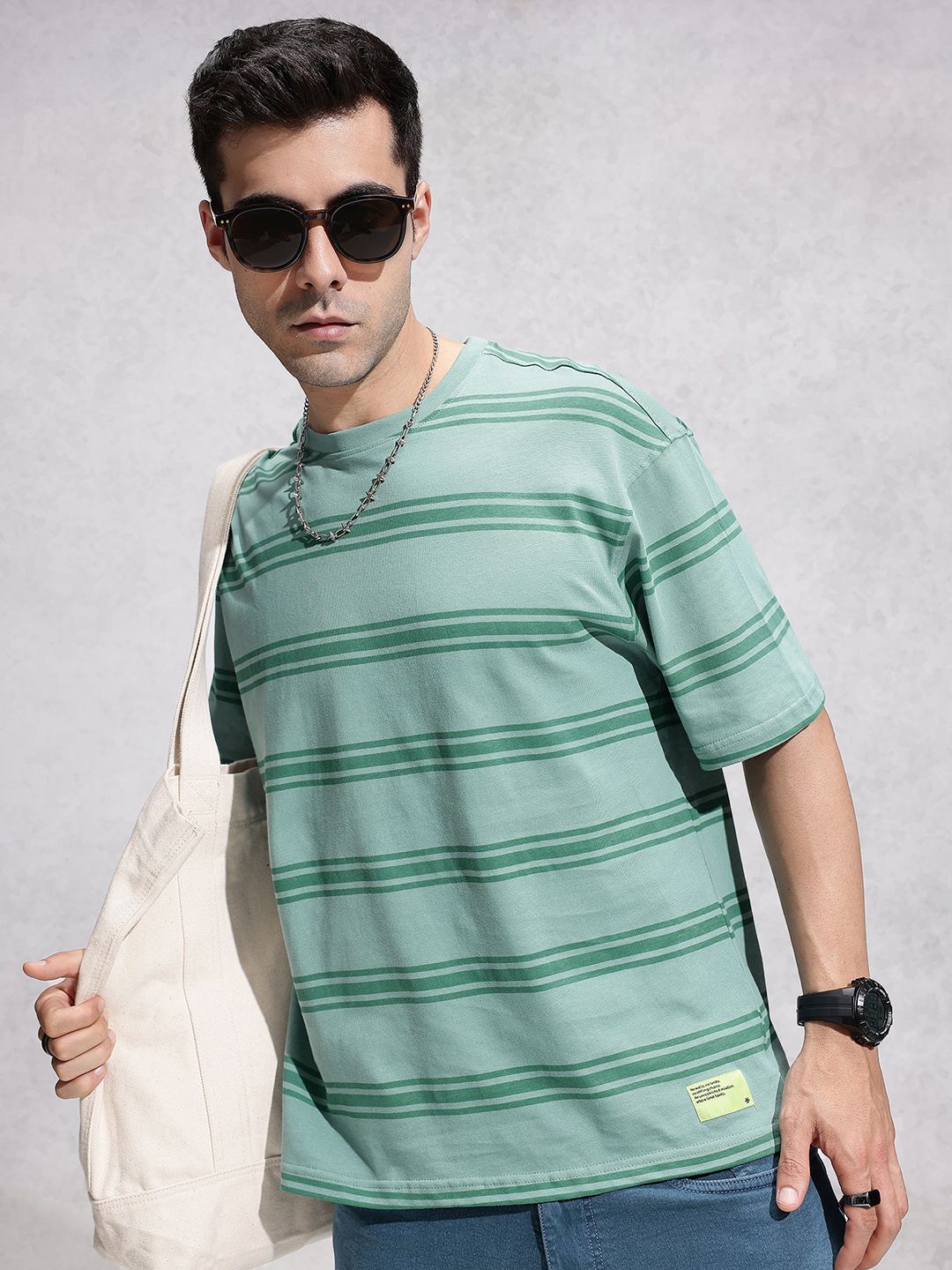 WROGN Pure Cotton Horizontal Striped Oversized T-shirt