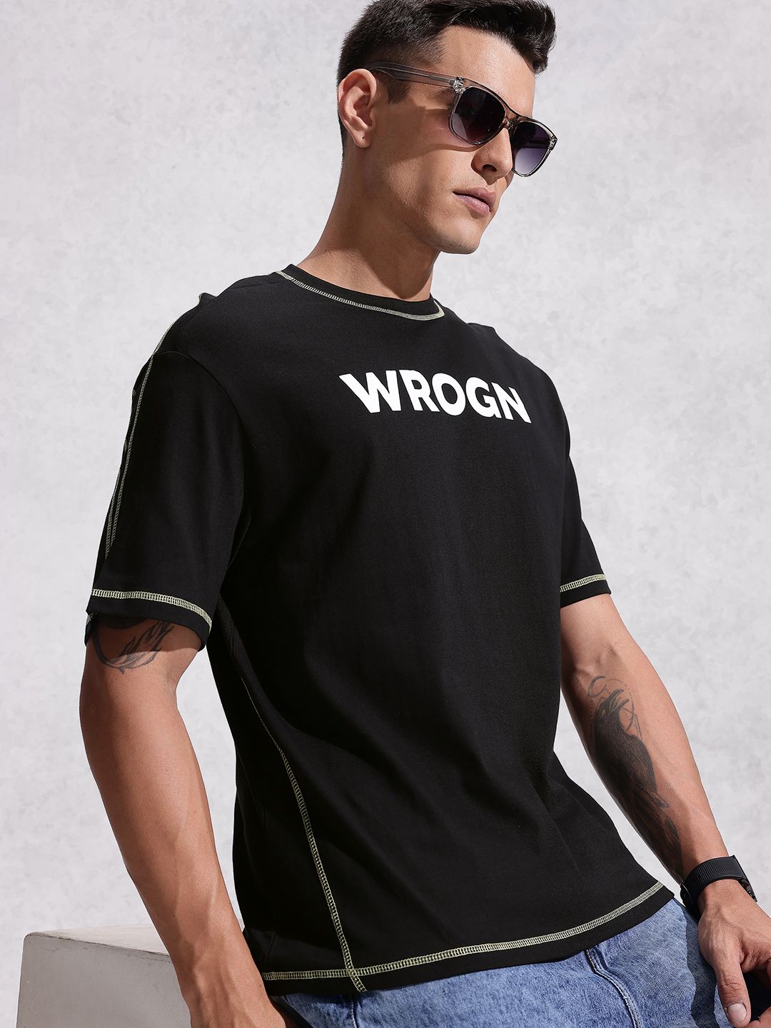 WROGN Brand Logo Printed Drop-Shoulder Sleeves Pure Cotton Oversized T-shirt