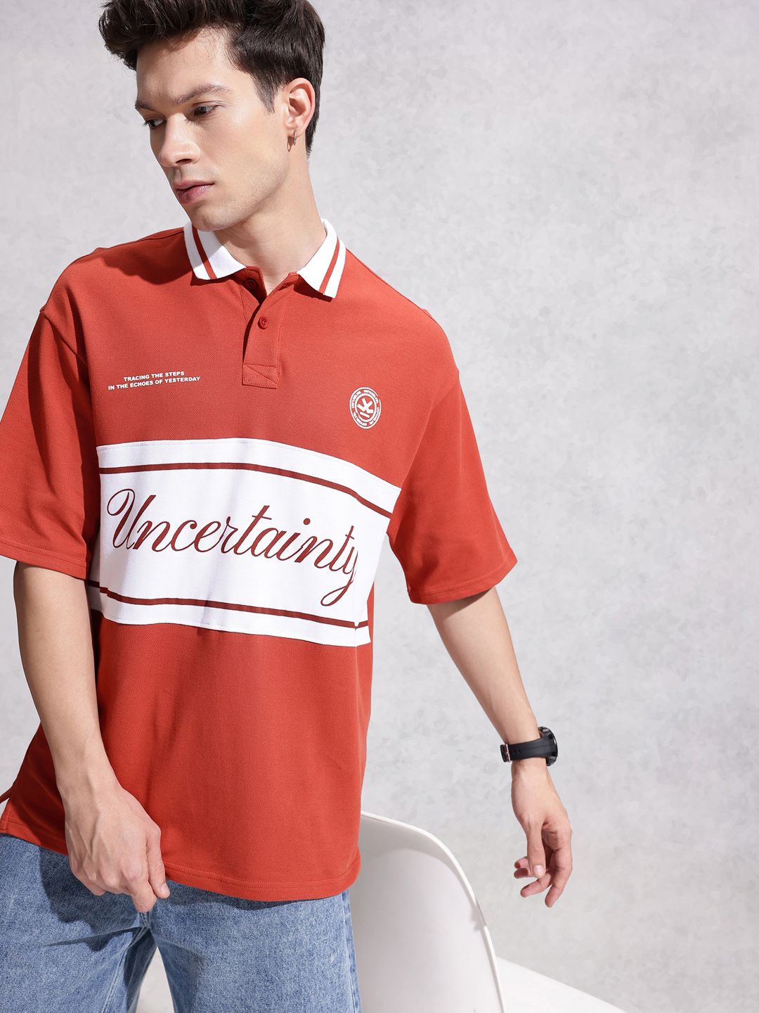 WROGN Oversized Fit Polo Collar Typography Printed Pure Cotton T-shirt