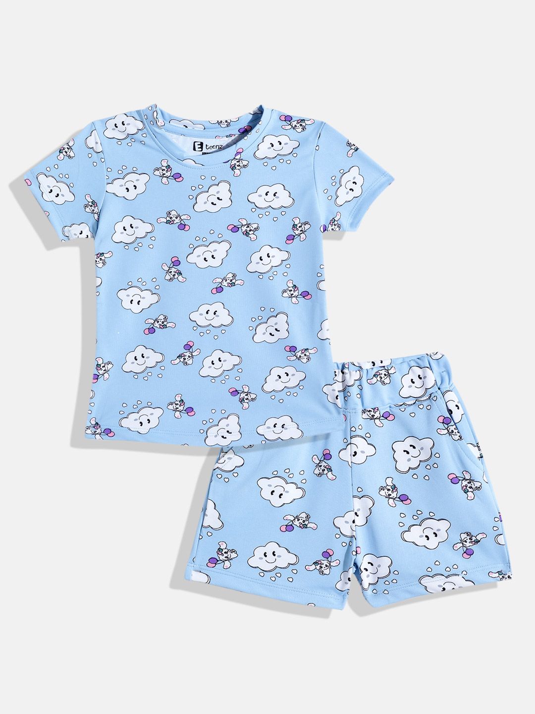 Eteenz Girls Cloud Printed T-shirt with Shorts