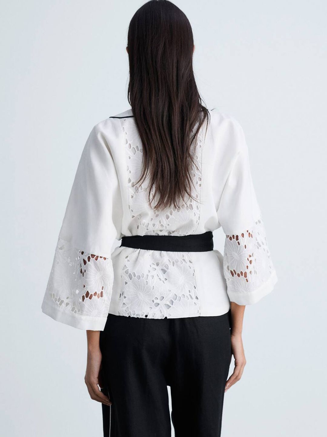 Floral Flared Sleeve Schiffli Linen Wrap Top