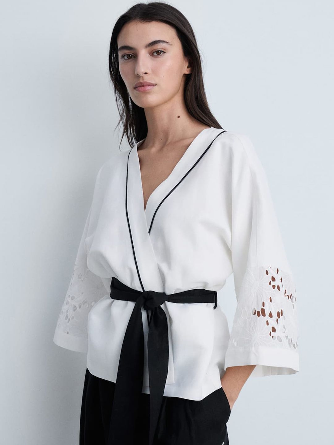 Floral Flared Sleeve Schiffli Linen Wrap Top