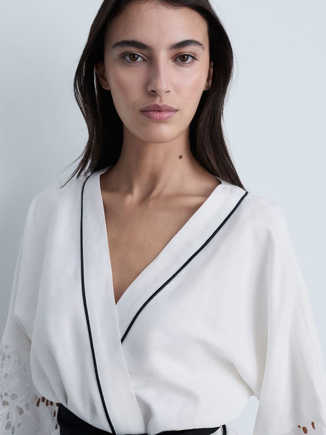 Floral Flared Sleeve Schiffli Linen Wrap Top